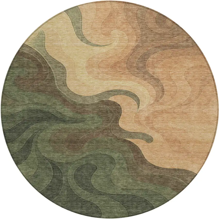8' Olive Green And Green Round Abstract Washable Indoor Outdoor Area Rug Photo 1