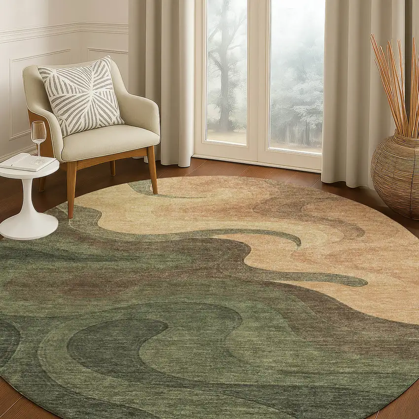 8' Olive Green And Green Round Abstract Washable Indoor Outdoor Area Rug Photo 5