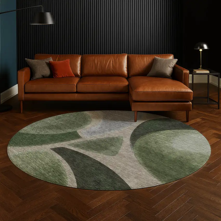 8' Olive Green And Green Round Abstract Washable Indoor Outdoor Area Rug Photo 5