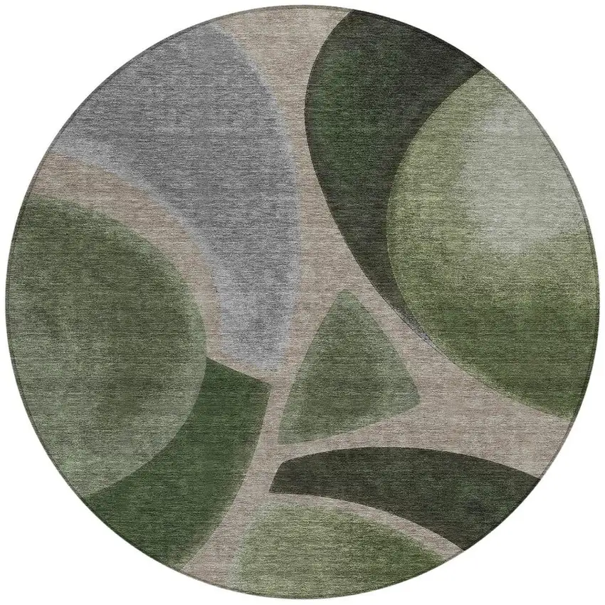8' Olive Green And Green Round Abstract Washable Indoor Outdoor Area Rug Photo 3