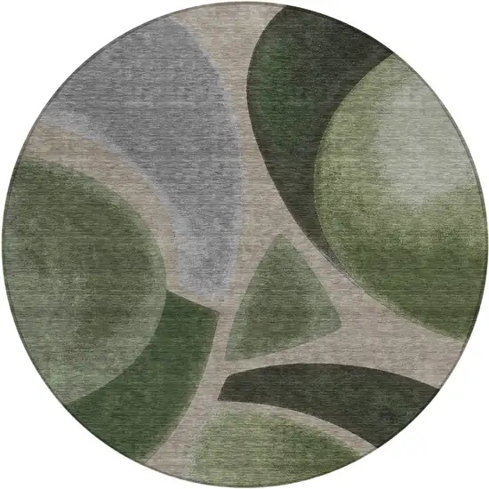 8' Olive Green And Green Round Abstract Washable Indoor Outdoor Area Rug Photo 1