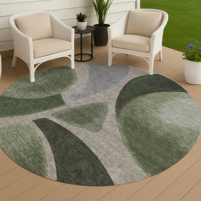 8' Olive Green And Green Round Abstract Washable Indoor Outdoor Area Rug Photo 4
