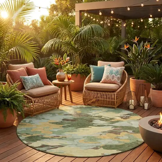 8' Olive Green And Green Round Abstract Washable Indoor Outdoor Area Rug Photo 1