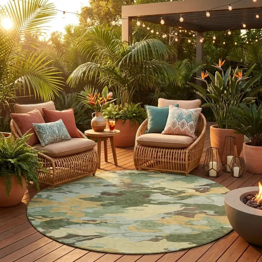8' Olive Green And Green Round Abstract Washable Indoor Outdoor Area Rug Photo 1