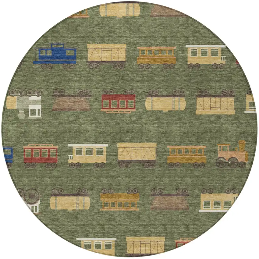 8' Olive Green And Green Round Abstract Washable Indoor Outdoor Area Rug Photo 3