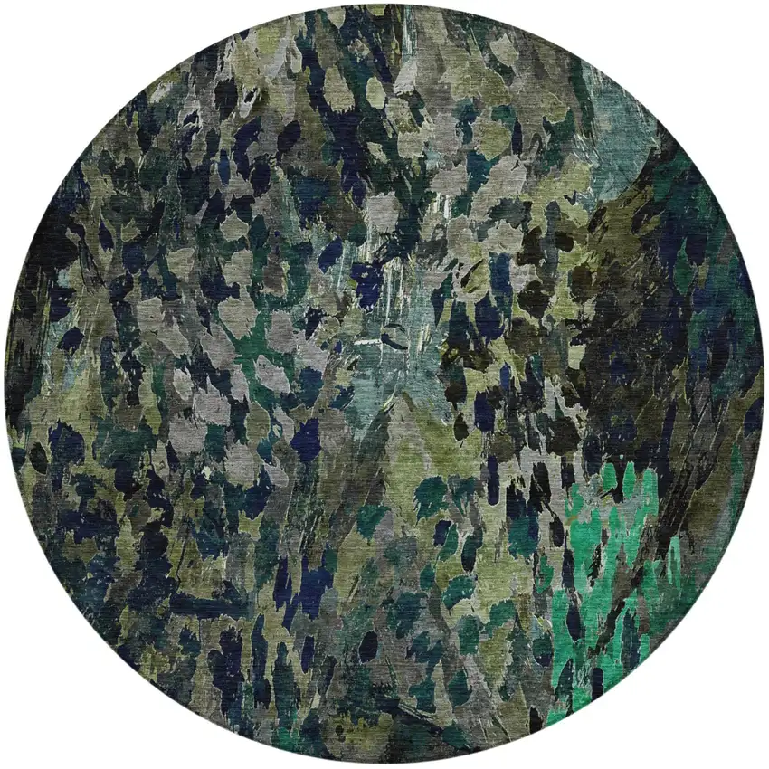 8' Olive Green And Green Round Abstract Washable Indoor Outdoor Area Rug Photo 2