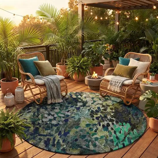 8' Olive Green And Green Round Abstract Washable Indoor Outdoor Area Rug Photo 1