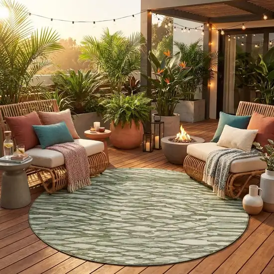 8' Olive Green And Green Round Abstract Washable Indoor Outdoor Area Rug Photo 1