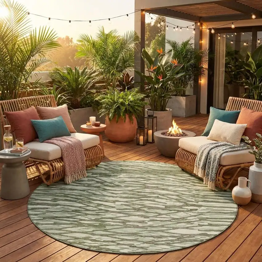 8' Olive Green And Green Round Abstract Washable Indoor Outdoor Area Rug Photo 1
