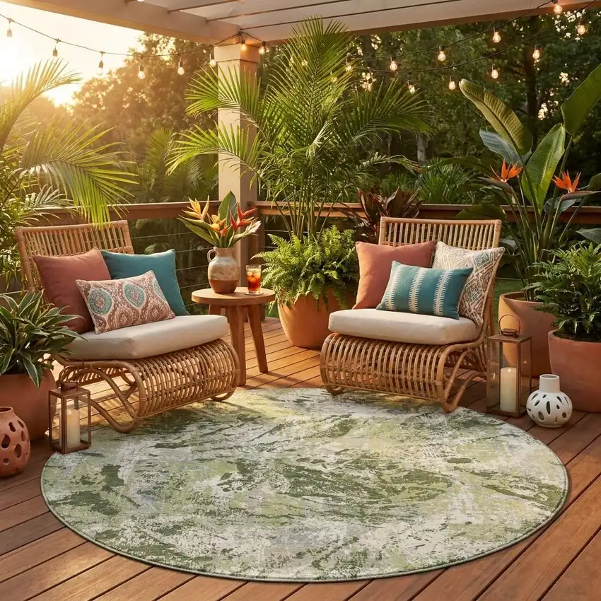 8' Olive Green And Green Round Abstract Washable Indoor Outdoor Area Rug Photo 1