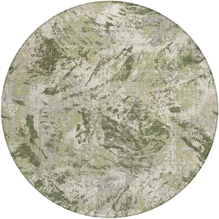 8' Olive Green And Green Round Abstract Washable Indoor Outdoor Area Rug Photo 2