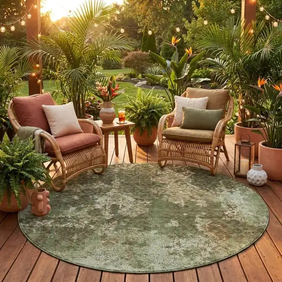 8' Olive Green And Green Round Abstract Washable Indoor Outdoor Area Rug Photo 1