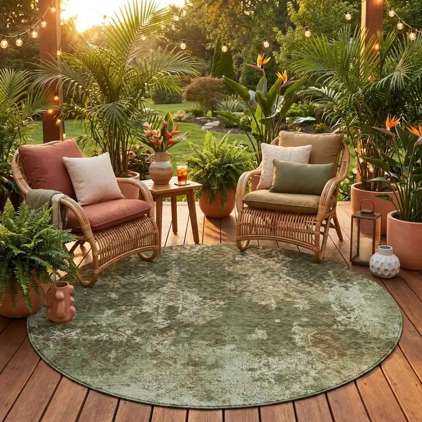 8' Olive Green And Green Round Abstract Washable Indoor Outdoor Area Rug Photo 1