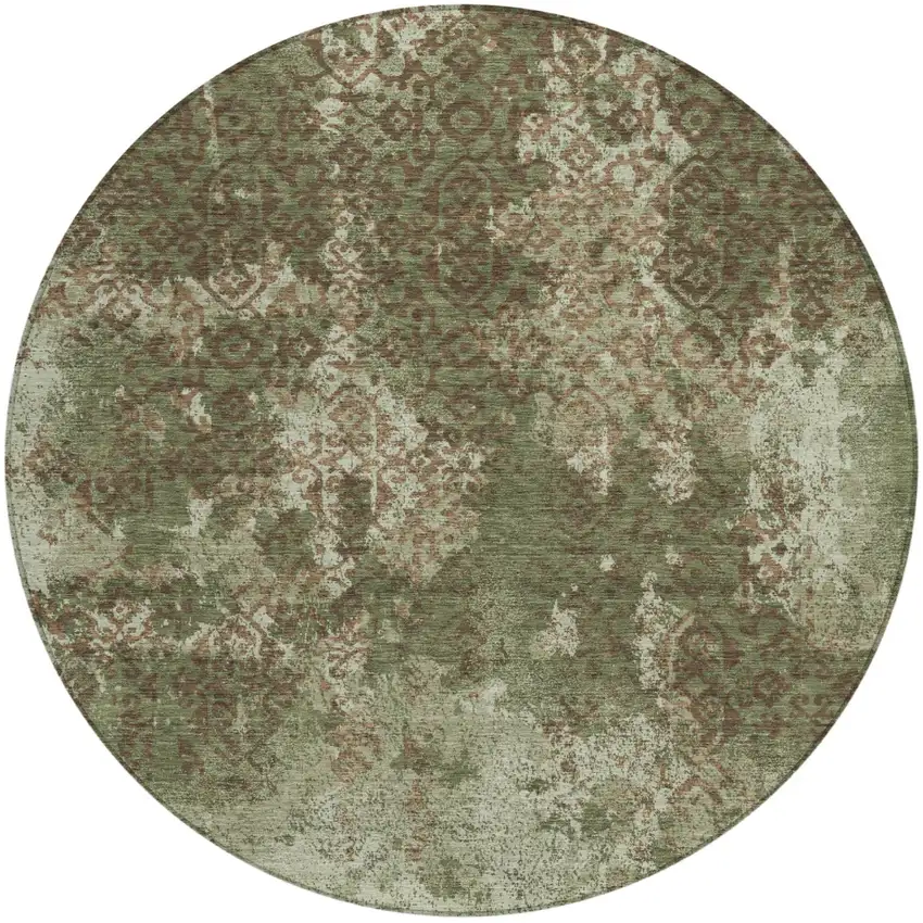 8' Olive Green And Green Round Abstract Washable Indoor Outdoor Area Rug Photo 2