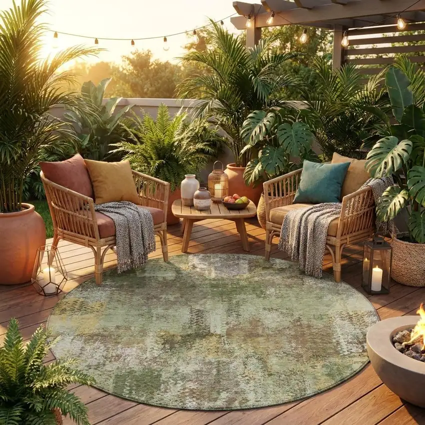 8' Olive Green And Green Round Abstract Washable Indoor Outdoor Area Rug Photo 1