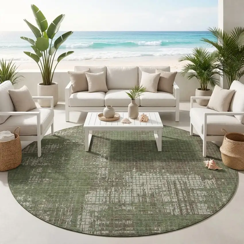 8' Olive Green And Green Round Abstract Washable Indoor Outdoor Area Rug Photo 1