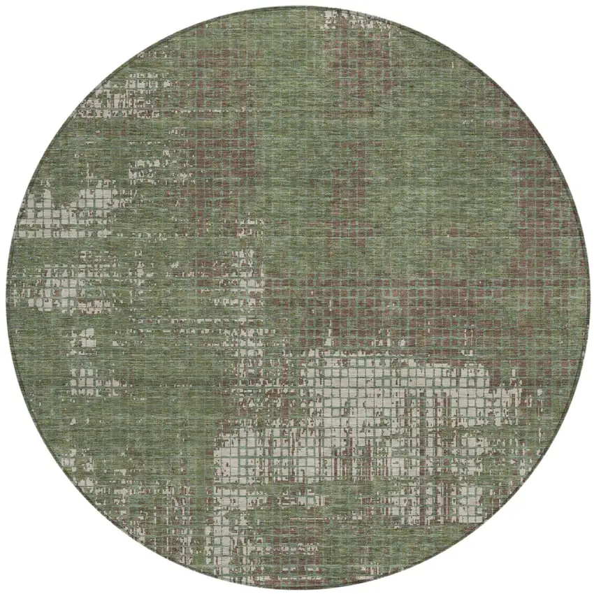 8' Olive Green And Green Round Abstract Washable Indoor Outdoor Area Rug Photo 2