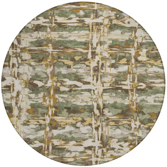 8' Olive Green And Green Round Abstract Washable Indoor Outdoor Area Rug Photo 2