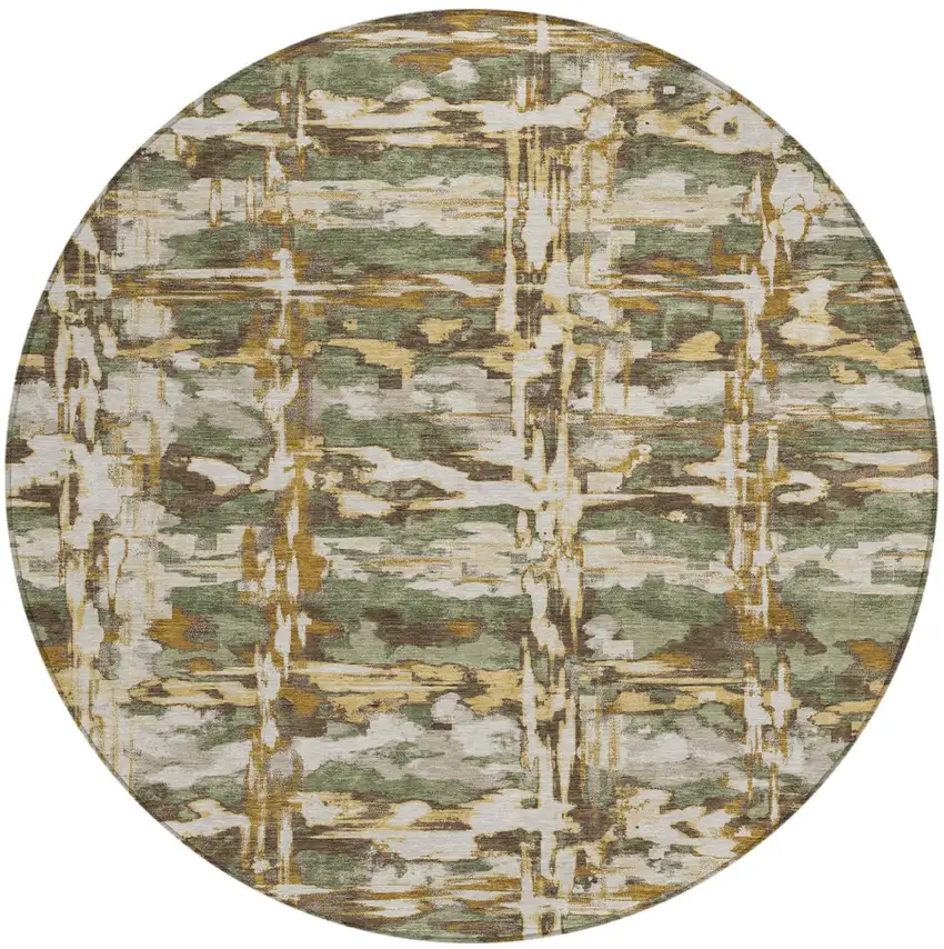 8' Olive Green And Green Round Abstract Washable Indoor Outdoor Area Rug Photo 2