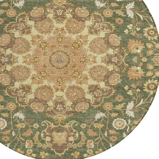 8' Olive Green And Green Round Damask Washable Indoor Outdoor Area Rug Photo 3
