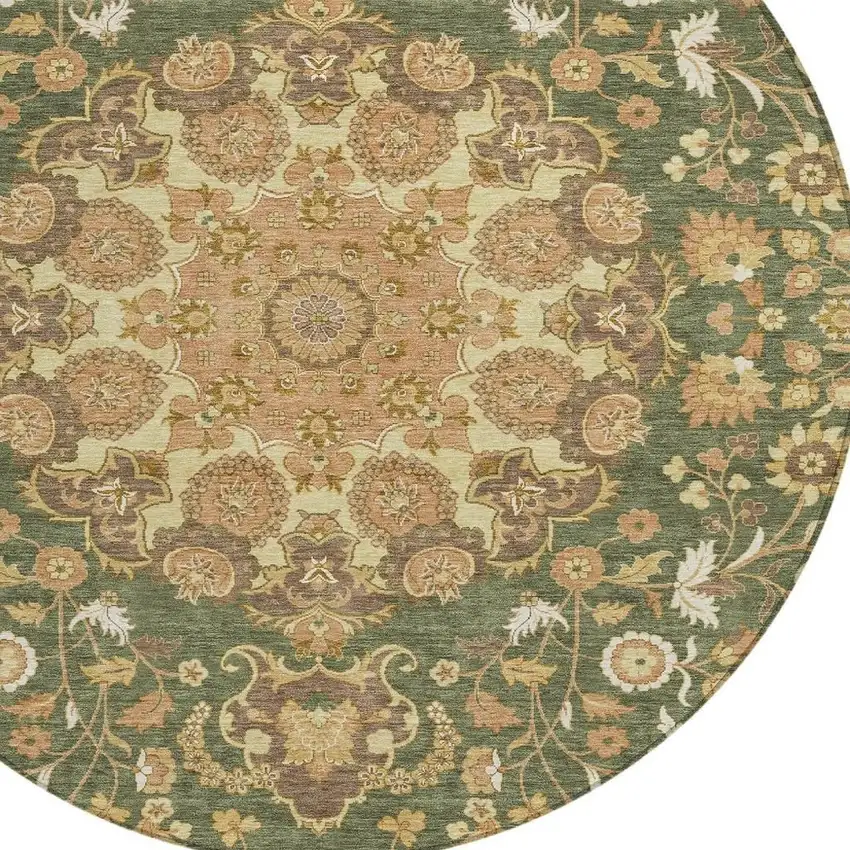 8' Olive Green And Green Round Damask Washable Indoor Outdoor Area Rug Photo 3