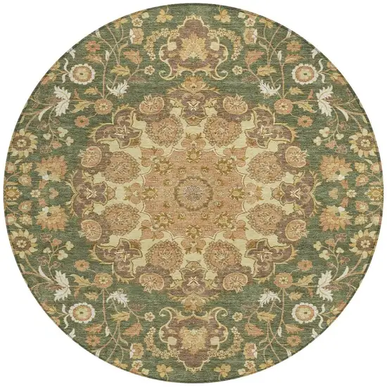 8' Olive Green And Green Round Damask Washable Indoor Outdoor Area Rug Photo 2