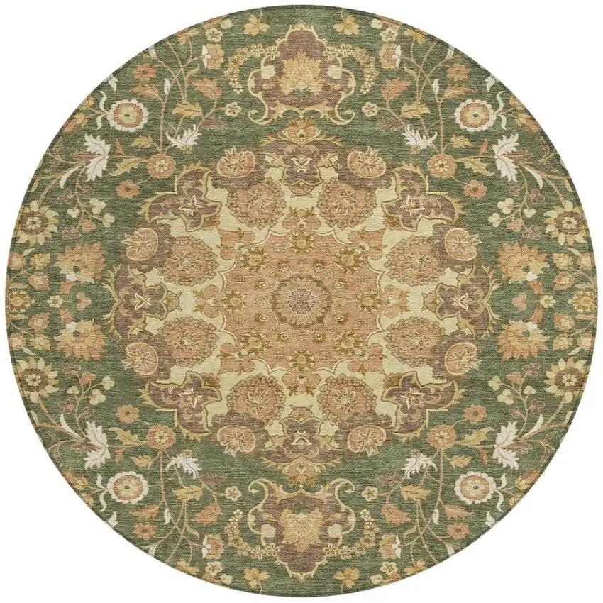 8' Olive Green And Green Round Damask Washable Indoor Outdoor Area Rug Photo 2