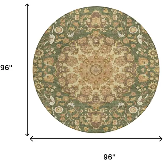8' Olive Green And Green Round Damask Washable Indoor Outdoor Area Rug Photo 6