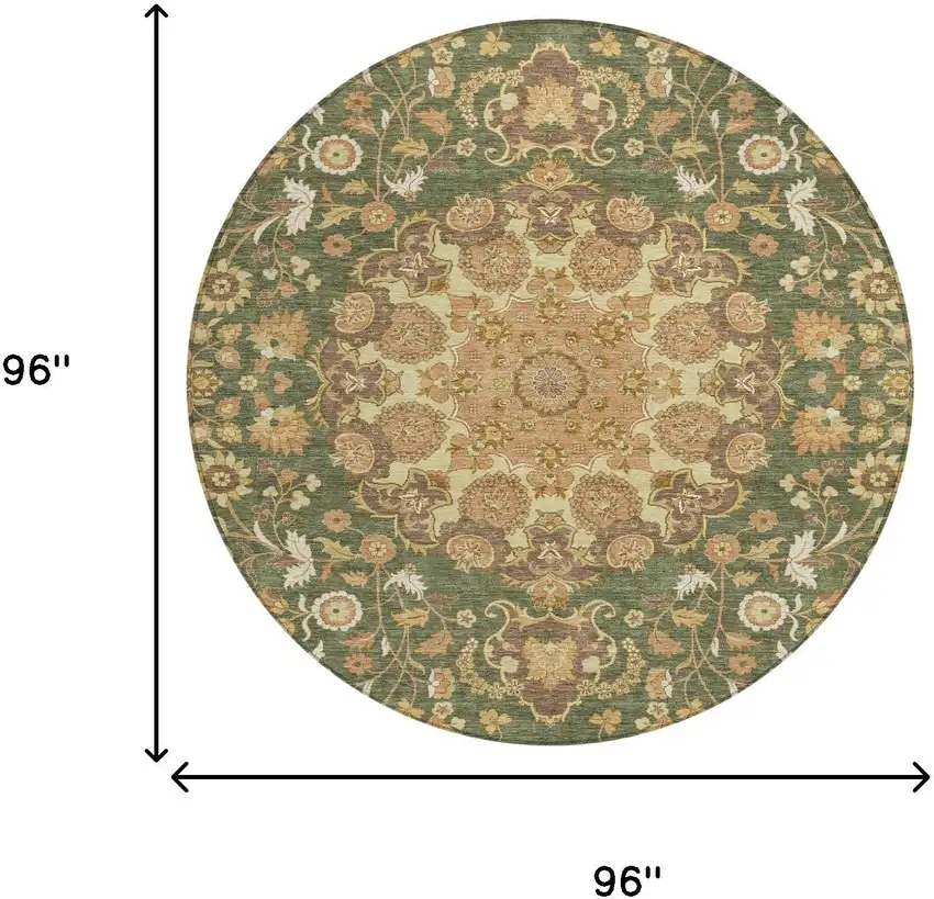 8' Olive Green And Green Round Damask Washable Indoor Outdoor Area Rug Photo 6