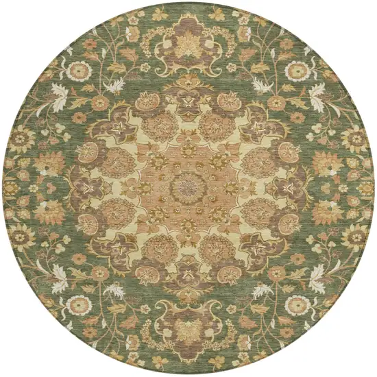 8' Olive Green And Green Round Damask Washable Indoor Outdoor Area Rug Photo 1