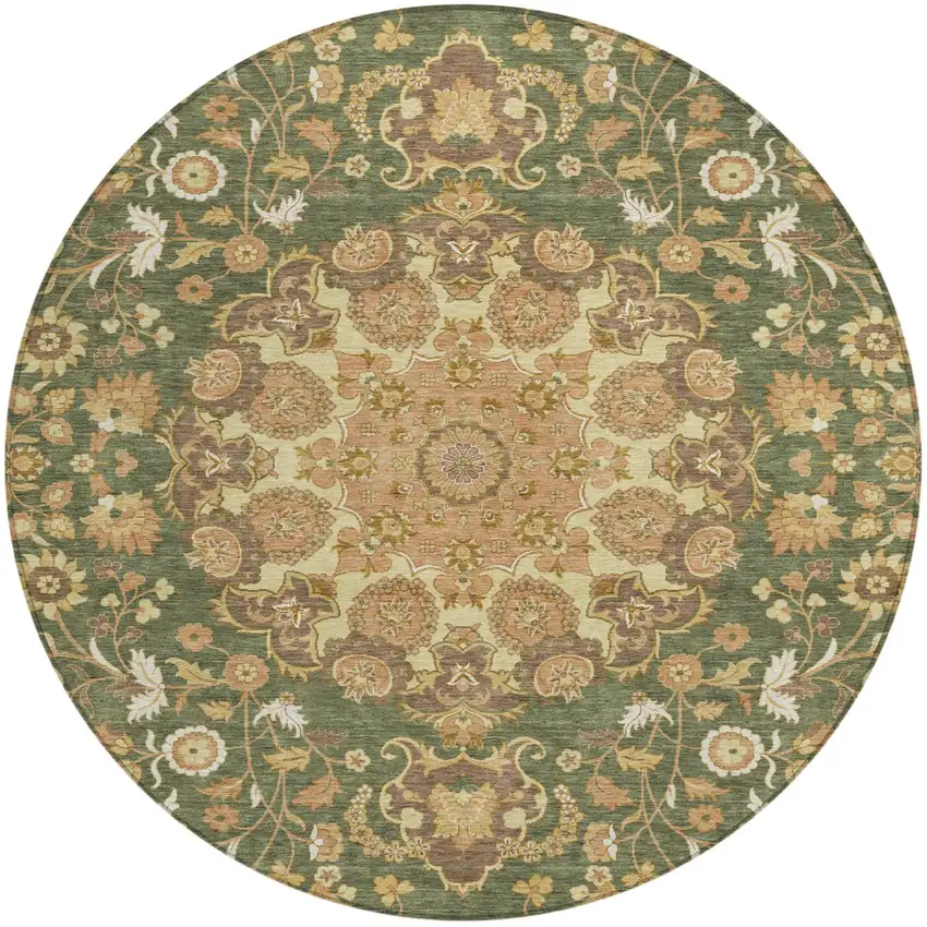 8' Olive Green And Green Round Damask Washable Indoor Outdoor Area Rug Photo 1