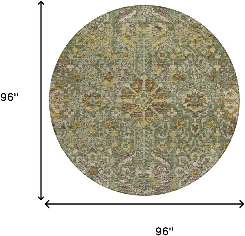 8' Olive Green And Green Round Damask Washable Indoor Outdoor Area Rug Photo 6