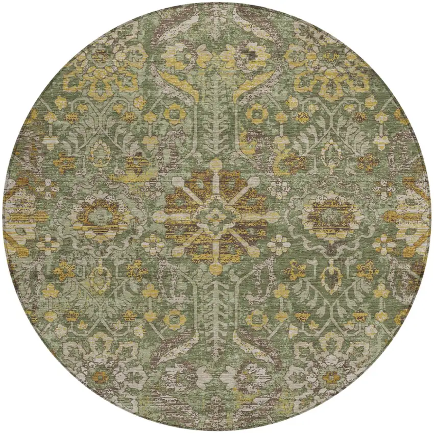 8' Olive Green And Green Round Damask Washable Indoor Outdoor Area Rug Photo 2