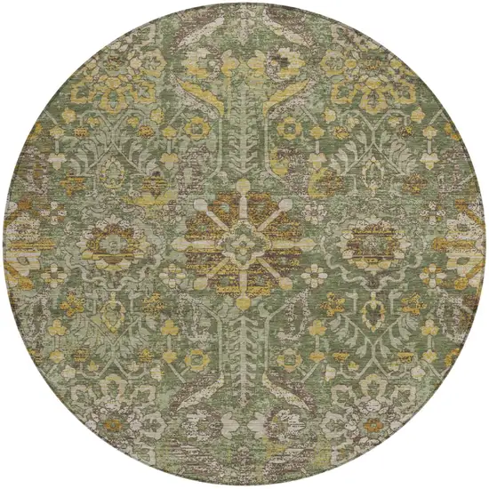 8' Olive Green And Green Round Damask Washable Indoor Outdoor Area Rug Photo 2