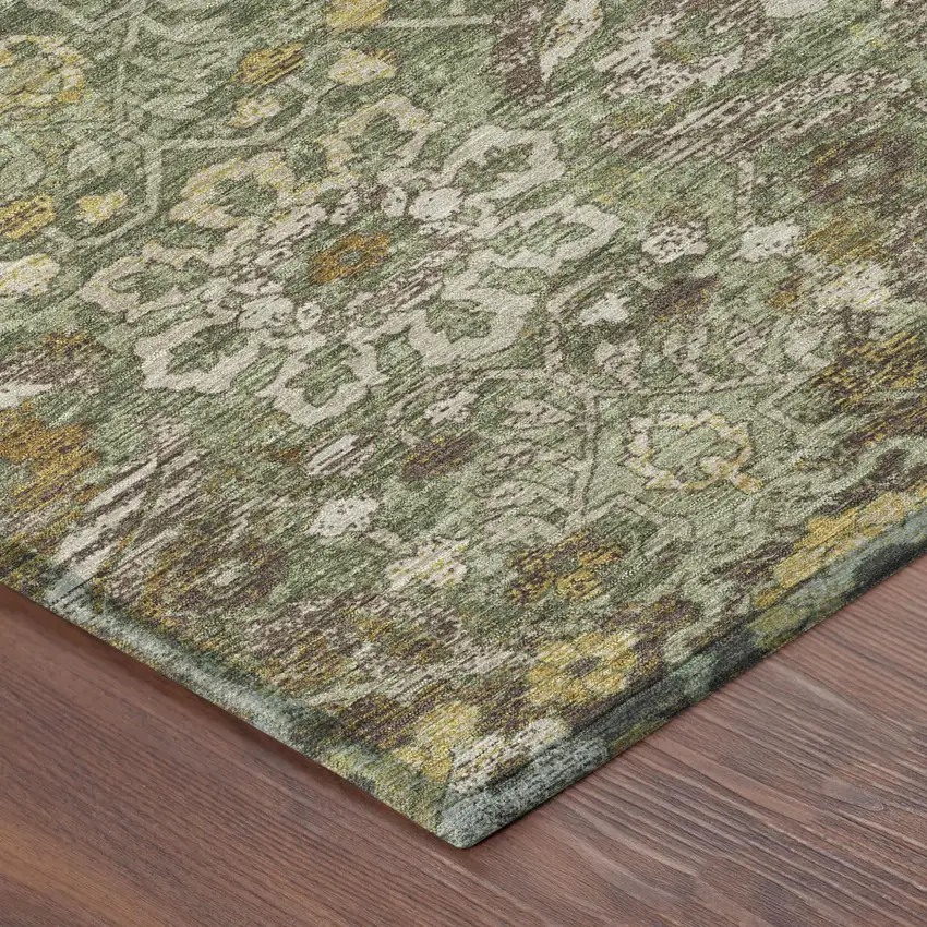 8' Olive Green And Green Round Damask Washable Indoor Outdoor Area Rug Photo 4
