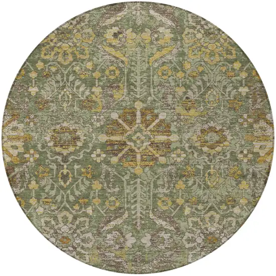 8' Olive Green And Green Round Damask Washable Indoor Outdoor Area Rug Photo 1