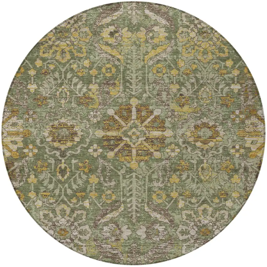 8' Olive Green And Green Round Damask Washable Indoor Outdoor Area Rug Photo 1
