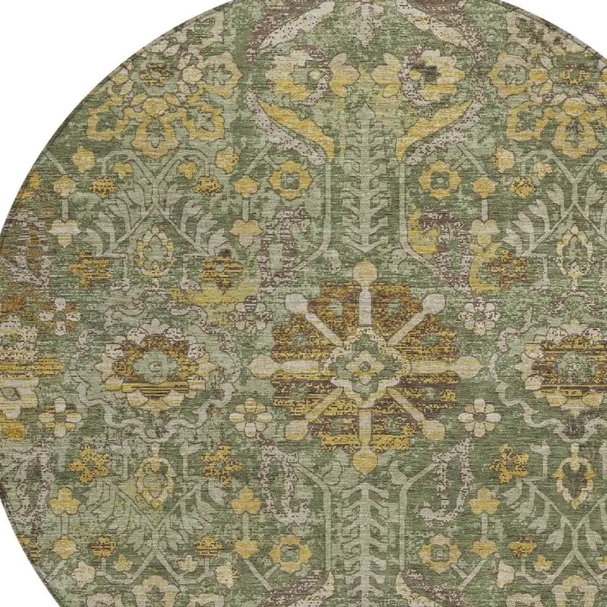 8' Olive Green And Green Round Damask Washable Indoor Outdoor Area Rug Photo 3