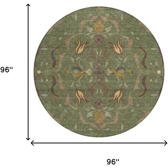 8' Olive Green And Green Round Damask Washable Indoor Outdoor Area Rug Photo 6