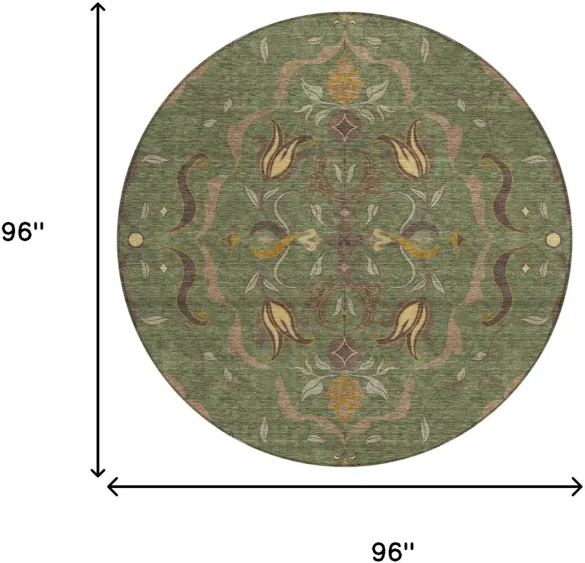 8' Olive Green And Green Round Damask Washable Indoor Outdoor Area Rug Photo 6