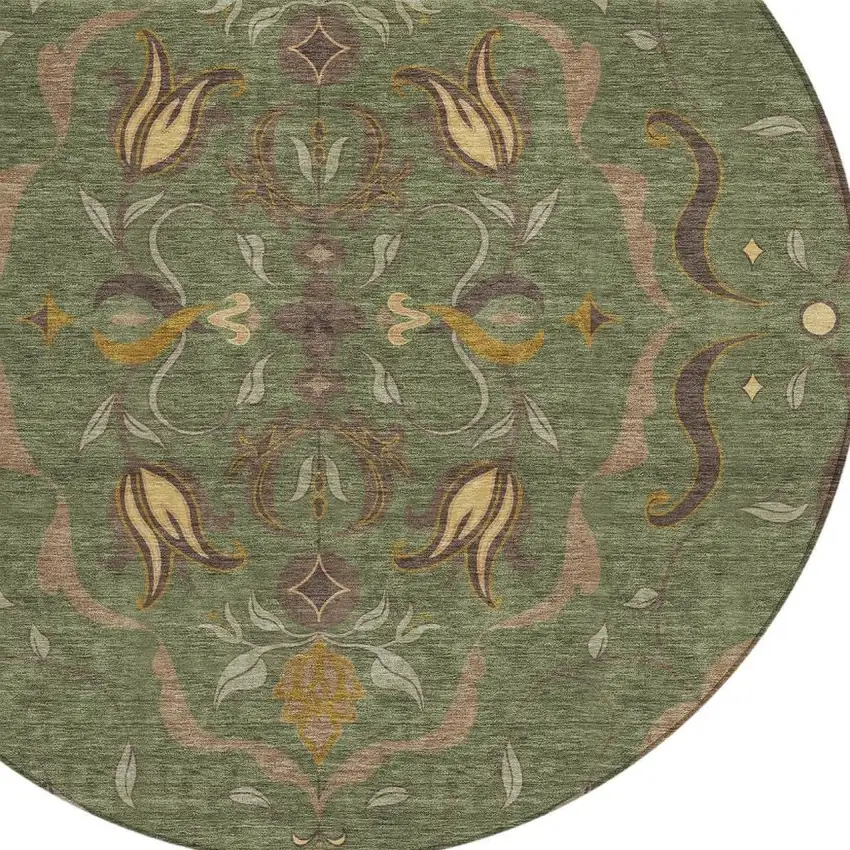 8' Olive Green And Green Round Damask Washable Indoor Outdoor Area Rug Photo 1