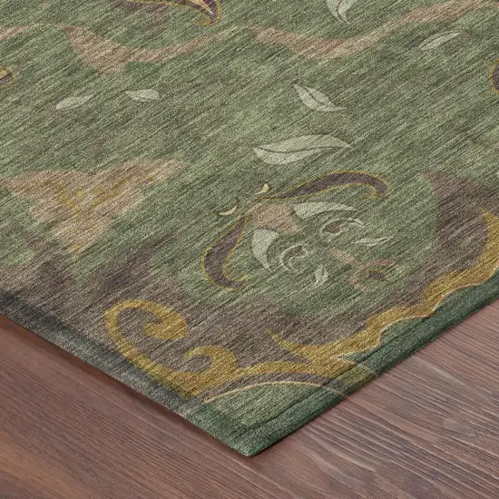 8' Olive Green And Green Round Damask Washable Indoor Outdoor Area Rug Photo 4