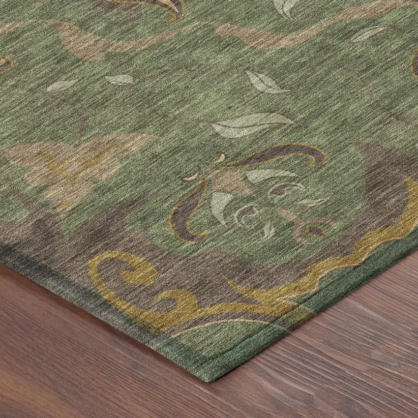 8' Olive Green And Green Round Damask Washable Indoor Outdoor Area Rug Photo 4