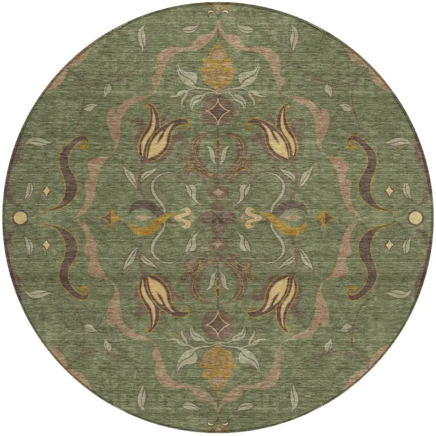 8' Olive Green And Green Round Damask Washable Indoor Outdoor Area Rug Photo 2