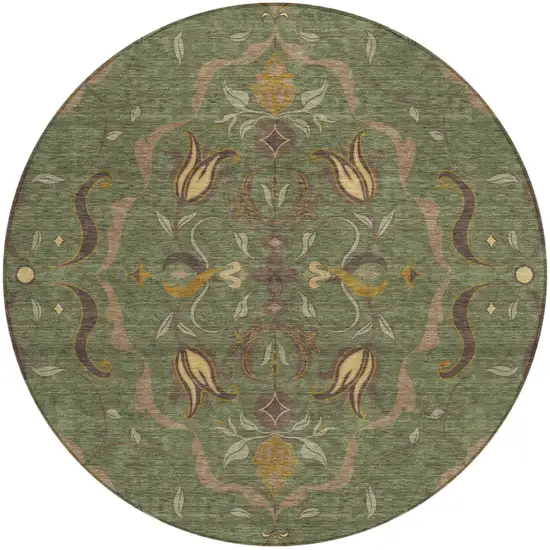 8' Olive Green And Green Round Damask Washable Indoor Outdoor Area Rug Photo 2
