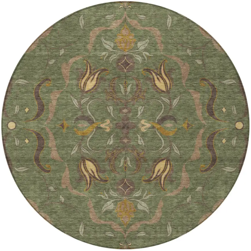 8' Olive Green And Green Round Damask Washable Indoor Outdoor Area Rug Photo 3