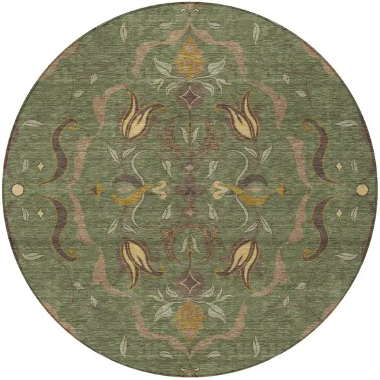 8' Olive Green And Green Round Damask Washable Indoor Outdoor Area Rug Photo 3