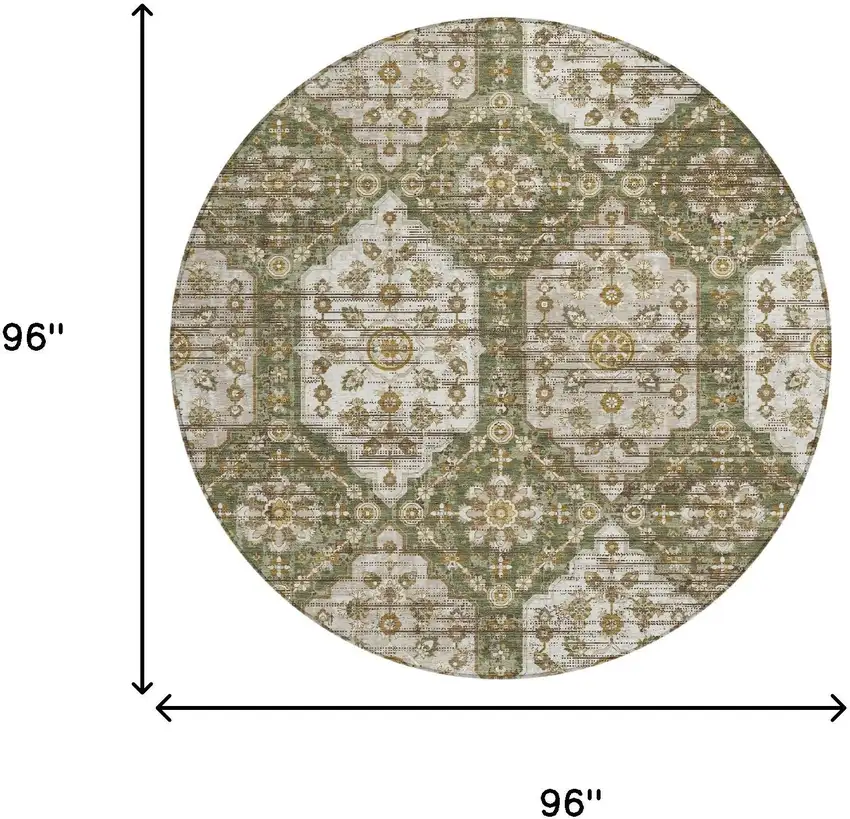 8' Olive Green And Green Round Damask Washable Indoor Outdoor Area Rug Photo 6