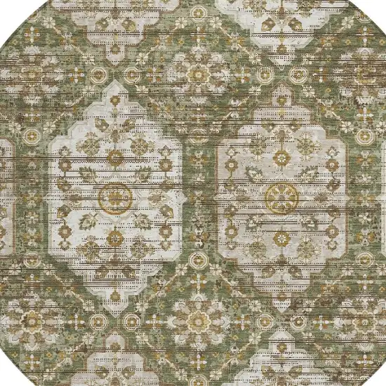 8' Olive Green And Green Round Damask Washable Indoor Outdoor Area Rug Photo 2