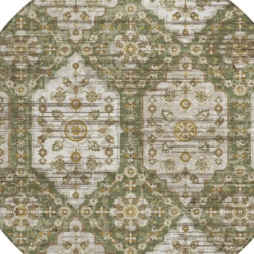 8' Olive Green And Green Round Damask Washable Indoor Outdoor Area Rug Photo 2